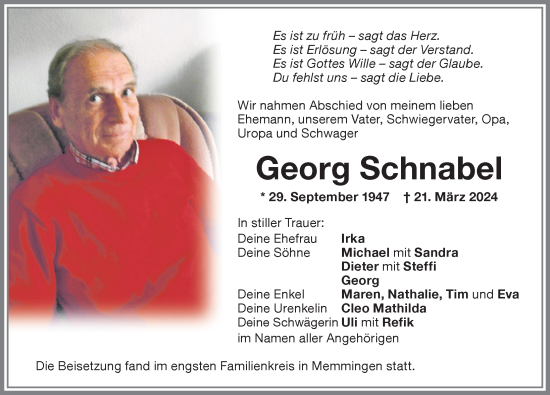 Traueranzeige von Georg Schnabel von Memminger Zeitung