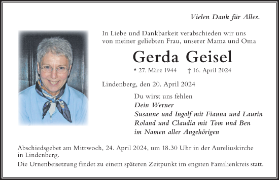 Traueranzeige von Gerda Geisel von Der Westallgäuer