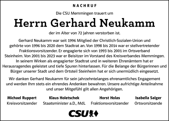 Traueranzeige von Gerhard Neukamm von Memminger Zeitung