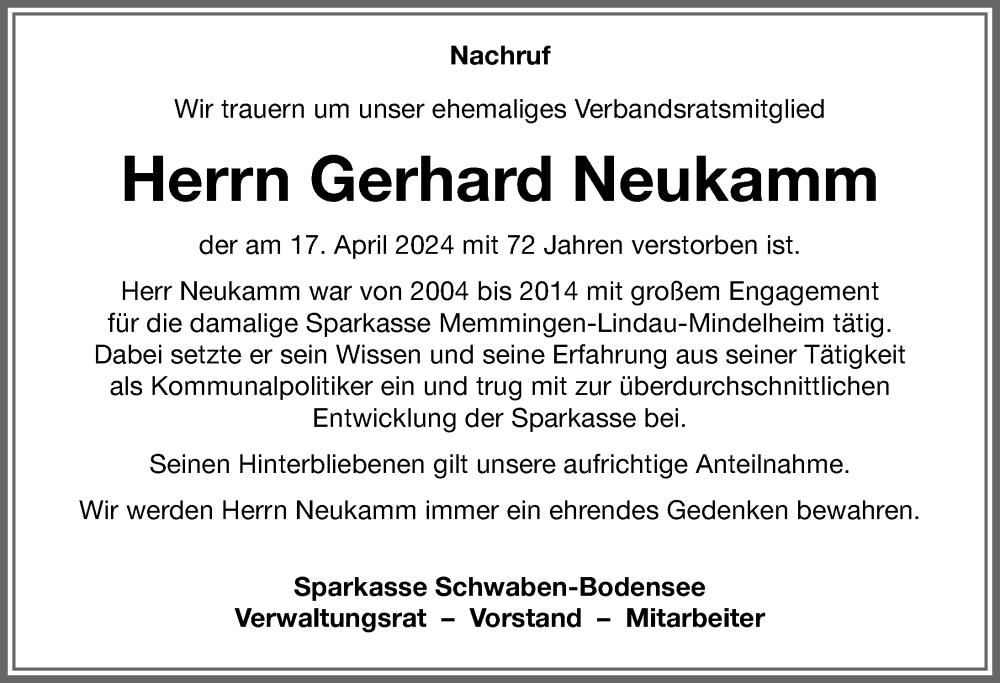  Traueranzeige für Gerhard Neukamm vom 25.04.2024 aus Memminger Zeitung