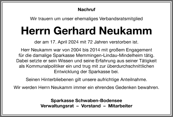 Traueranzeige von Gerhard Neukamm von Memminger Zeitung