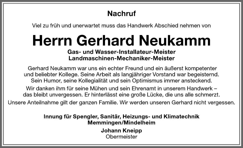  Traueranzeige für Gerhard Neukamm vom 25.04.2024 aus Mindelheimer Zeitung, Augsburger Allgemeine