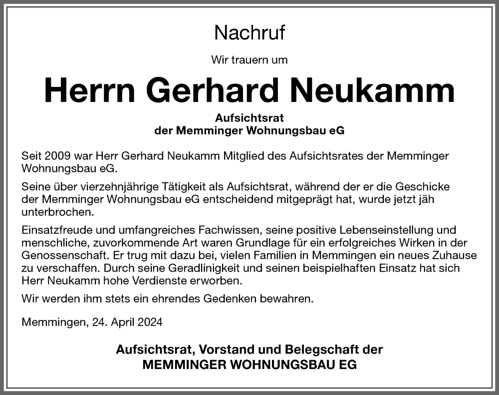  Traueranzeige für Gerhard Neukamm vom 24.04.2024 aus Memminger Zeitung