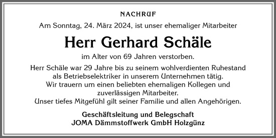 Traueranzeige von Gerhard Schäle von Memminger Zeitung
