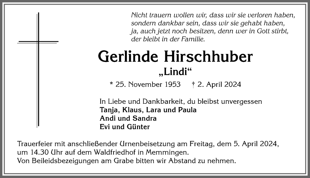  Traueranzeige für Gerlinde Hirschhuber vom 03.04.2024 aus Memminger Zeitung
