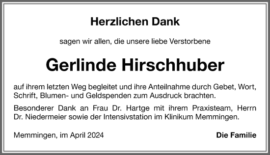 Traueranzeige von Gerlinde Hirschhuber von Memminger Zeitung