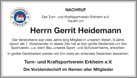 Traueranzeige von Gerrit Heidemann von Memminger Zeitung