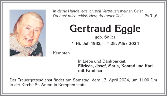 Traueranzeige von Gertraud Eggle von Allgäuer Zeitung,Kempten