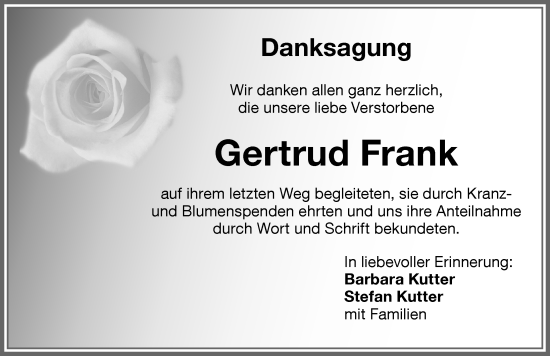Traueranzeige von Gertrud Frank von Memminger Zeitung