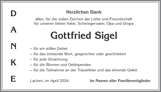 Traueranzeige von Gottfried Sigel von Allgäuer Anzeigeblatt