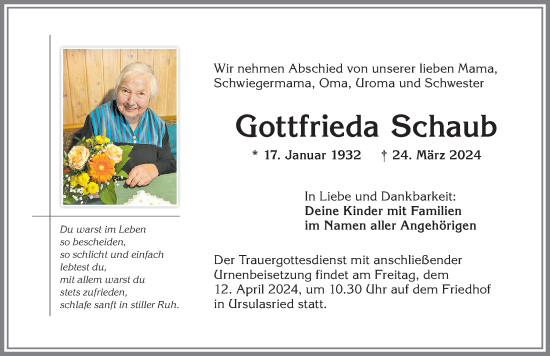 Traueranzeige von Gottfrieda Schaub von Allgäuer Zeitung,Kempten