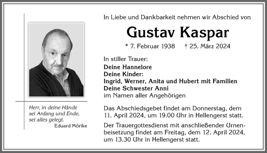 Traueranzeige von Gustav Kaspar von Allgäuer Zeitung,Kempten