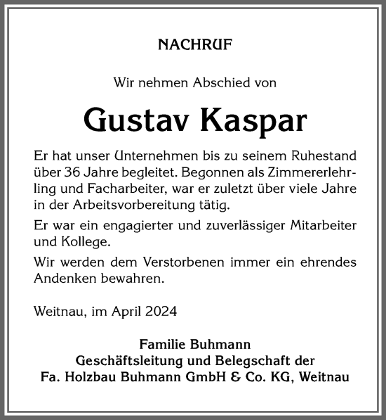 Traueranzeige von Gustav Kaspar von Allgäuer Zeitung,Kempten
