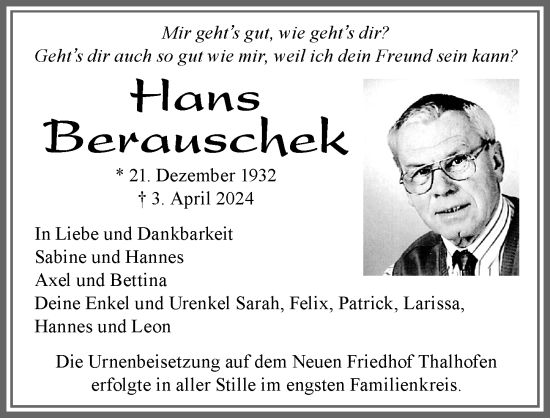 Traueranzeige von Hans Berauschek von Allgäuer Zeitung, Marktoberdorf