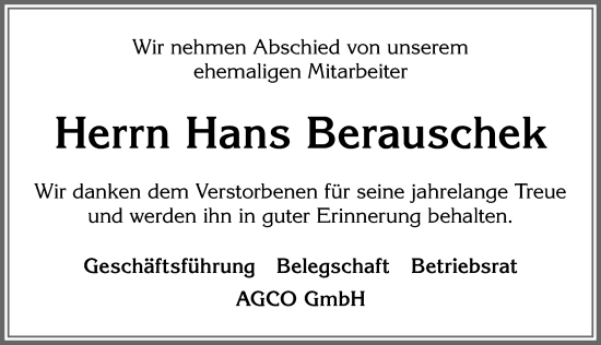 Traueranzeige von Hans Berauschek von Allgäuer Zeitung, Marktoberdorf