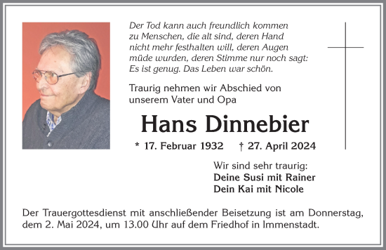 Traueranzeige von Hans Dinnebier von Allgäuer Anzeigeblatt