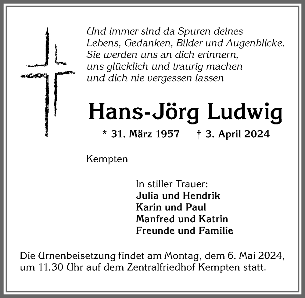  Traueranzeige für Hans-Jörg Ludwig vom 20.04.2024 aus Allgäuer Zeitung,Kempten