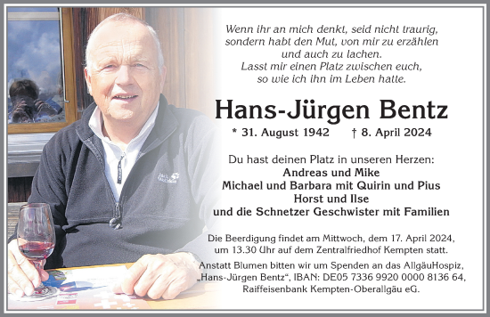 Traueranzeige von Hans-Jürgen Bentz von Allgäuer Zeitung,Kempten