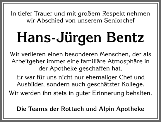 Traueranzeige von Hans-Jürgen Bentz von Allgäuer Zeitung,Kempten