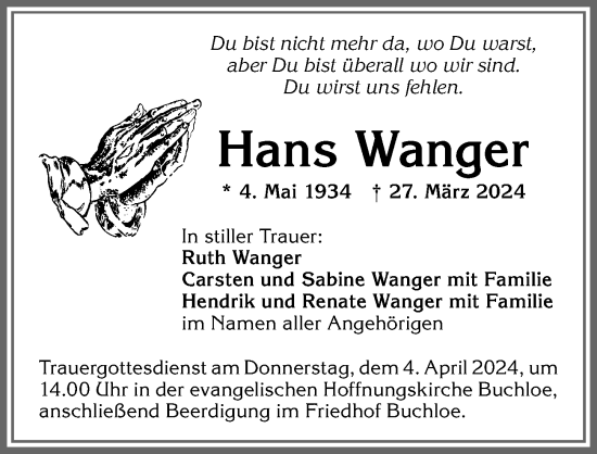 Traueranzeige von Hans Wanger von Allgäuer Zeitung, Kaufbeuren/Buchloe