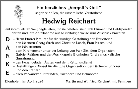 Traueranzeige von Hedwig Reichart von Allgäuer Zeitung, Kaufbeuren/Buchloe