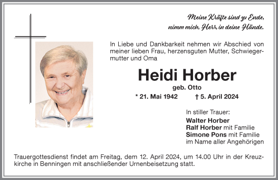 Traueranzeige von Heidi Horber von Memminger Zeitung