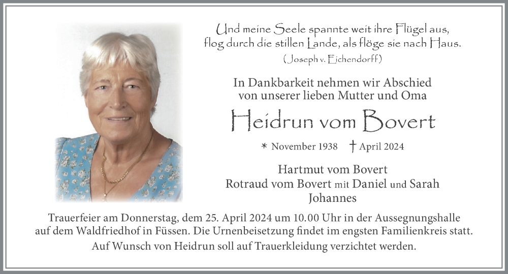  Traueranzeige für Heidrun vom Bovert vom 23.04.2024 aus Allgäuer Zeitung, Füssen