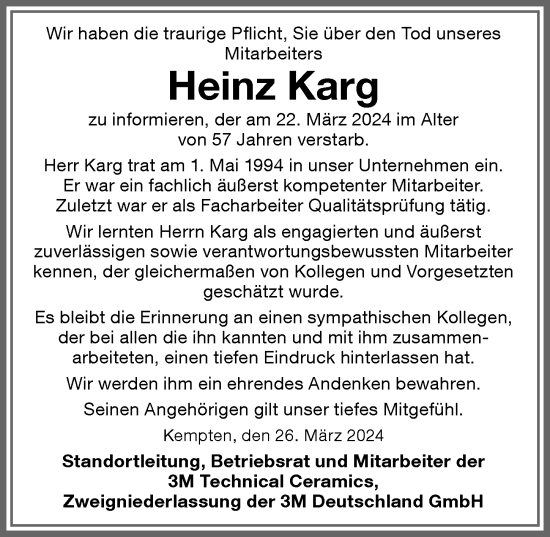 Traueranzeige von Heinz Karg von Allgäuer Anzeigeblatt