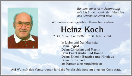 Traueranzeige von Heinz Koch von Allgäuer Zeitung, Kaufbeuren/Buchloe