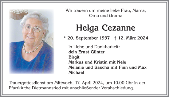 Traueranzeige von Helga Cezanne von Allgäuer Zeitung,Kempten