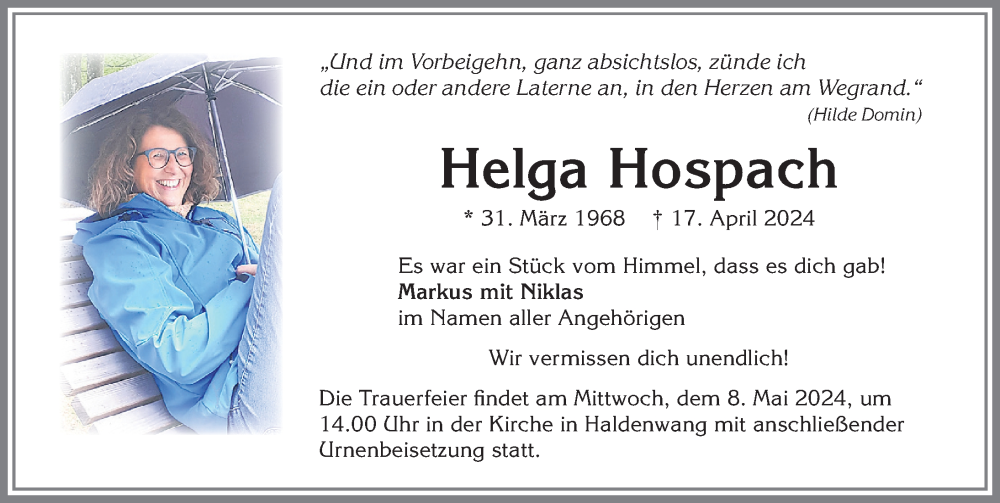  Traueranzeige für Helga Hospach vom 27.04.2024 aus Allgäuer Zeitung,Kempten