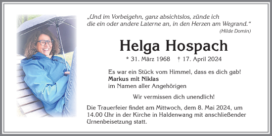 Traueranzeige von Helga Hospach von Allgäuer Zeitung,Kempten