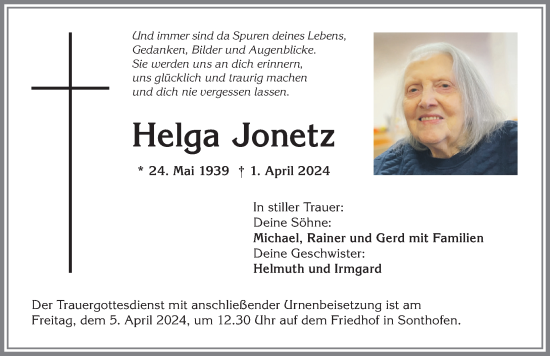 Traueranzeige von Helga Jonetz von Allgäuer Anzeigeblatt