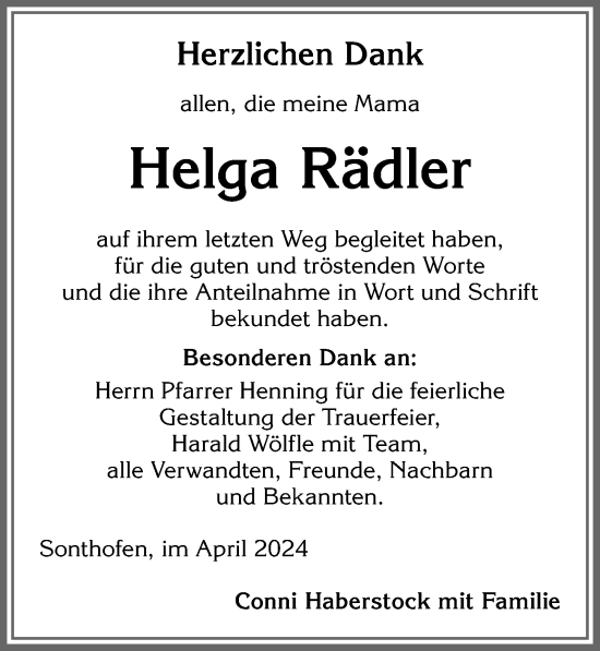 Traueranzeige von Helga Rädler von Allgäuer Anzeigeblatt