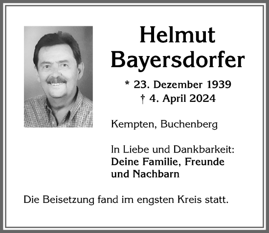 Traueranzeige von Helmut Bayersdorfer von Allgäuer Zeitung,Kempten