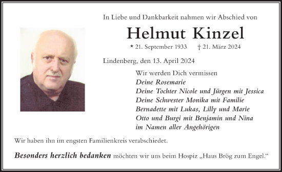 Traueranzeige von Helmut Kinzel von Der Westallgäuer