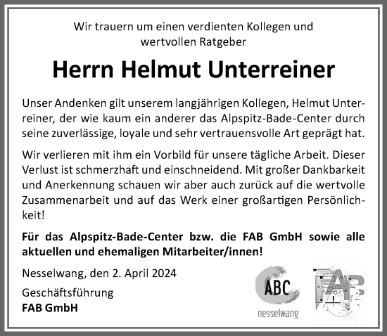 Traueranzeige von Helmut Unterreiner von Allgäuer Zeitung, Füssen