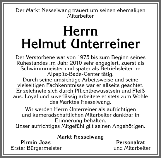 Traueranzeige von Helmut Unterreiner von Allgäuer Zeitung, Füssen