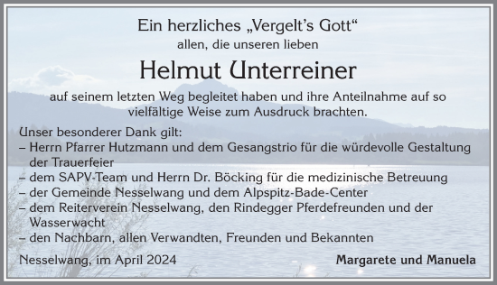 Traueranzeige von Helmut Unterreiner von Allgäuer Zeitung, Füssen