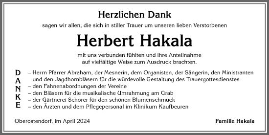 Traueranzeige von Herbert Hakala von Allgäuer Zeitung, Kaufbeuren/Buchloe
