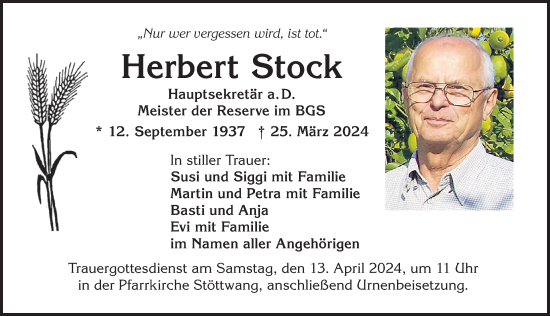 Traueranzeige von Herbert Stock von Allgäuer Zeitung, Kaufbeuren/Buchloe