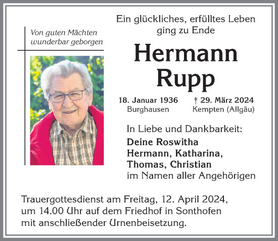 Traueranzeige von Hermann Rupp von Allgäuer Zeitung,Kempten