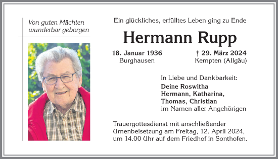 Traueranzeige von Hermann Rupp von Allgäuer Anzeigeblatt