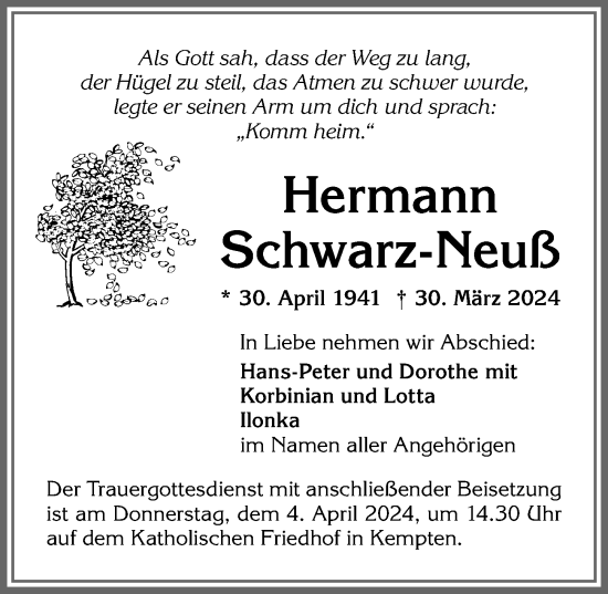 Traueranzeige von Hermann Schwarz-Neuß von Allgäuer Zeitung,Kempten