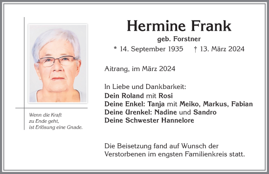 Traueranzeige von Hermine Frank von Allgäuer Zeitung, Marktoberdorf