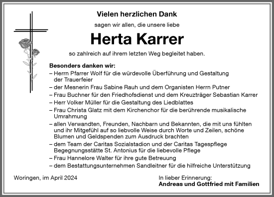 Traueranzeige von Herta Karrer von Memminger Zeitung