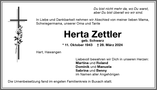 Traueranzeige von Herta Zettler von Memminger Zeitung