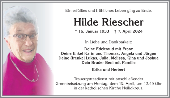 Traueranzeige von Hilde Riescher von Allgäuer Zeitung,Kempten