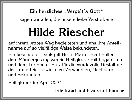 Traueranzeige von Hilde Riescher von Allgäuer Zeitung,Kempten