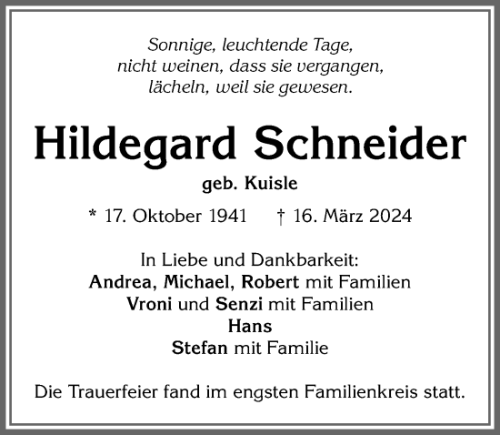 Traueranzeige von Hildegard Schneider von Allgäuer Zeitung,Kempten